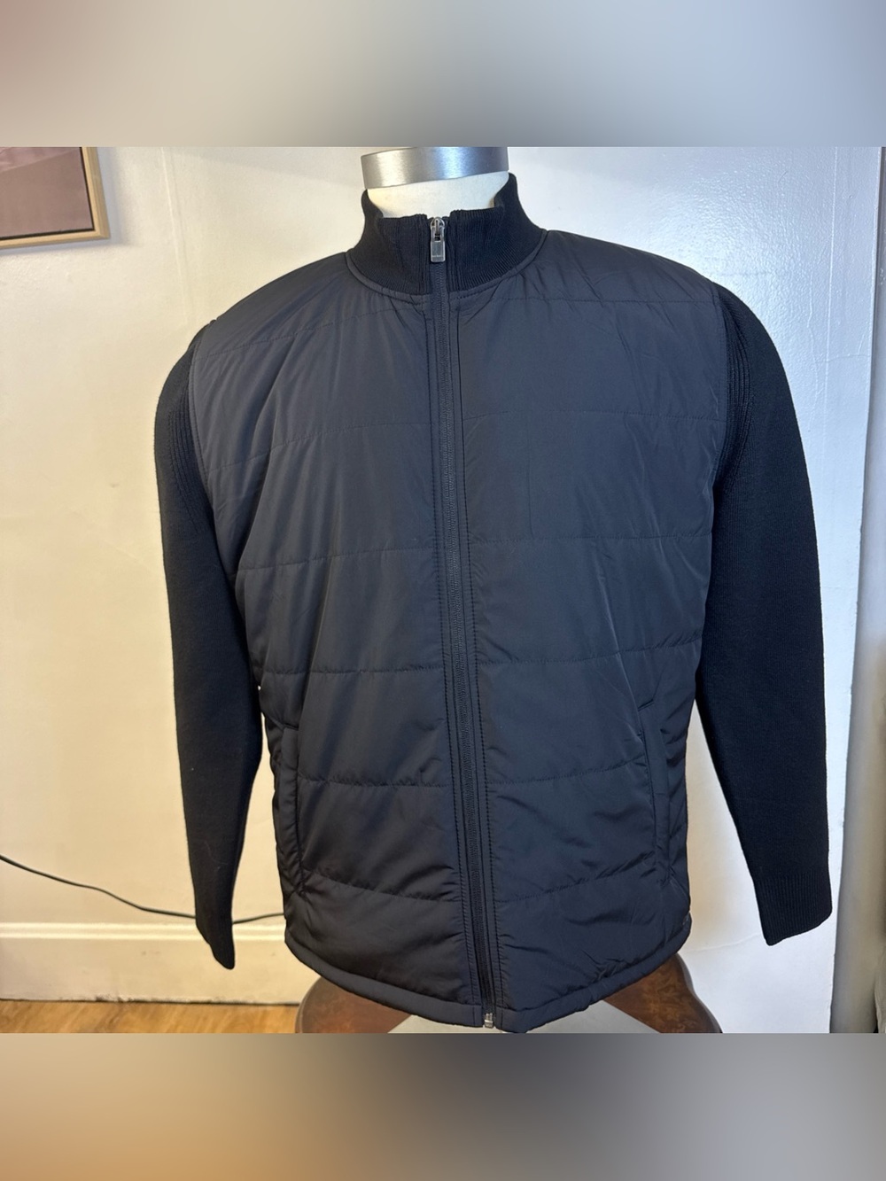 NFINITY Men's Black Quilted Zip-Up Jacket with Knit Sleeves